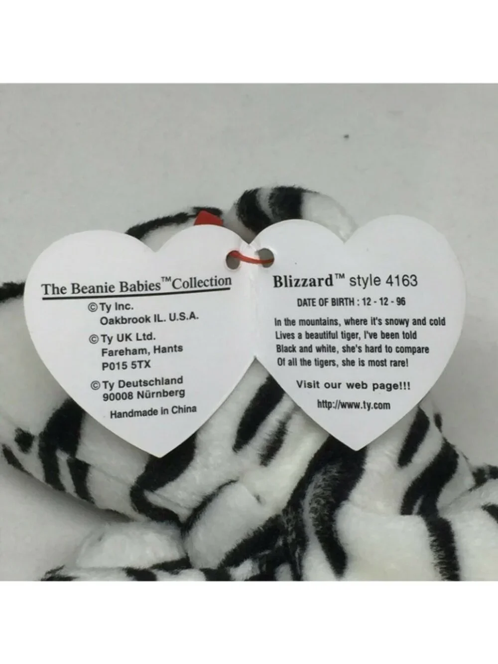 Ty Beanie Baby Blizzard Tiger Black White Stripes Retired Plush Toy Dec 12 1996
